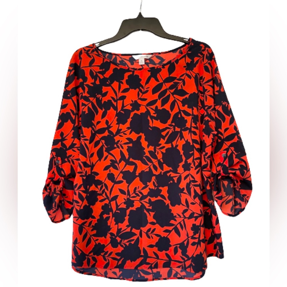 Beautiful Croft & Barrow Tomato Red and Navy Blue Floral Button Sleeve Blouse